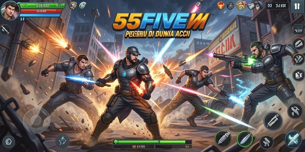 Screenshot 55FIVE menampilkan pertempuran seru dengan karakter unik.