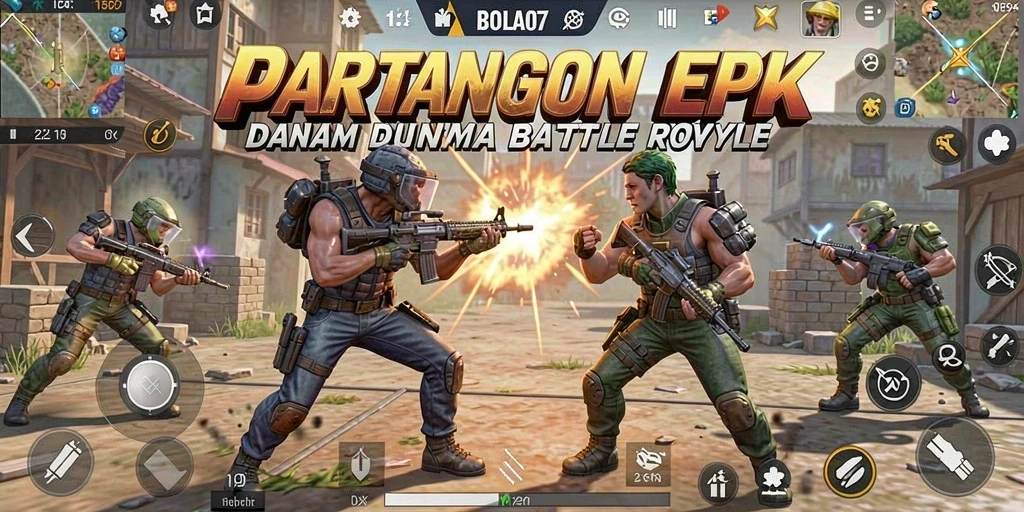 Screenshot bermain BOLA07 menampilkan aksi Battle Royale yang intens.