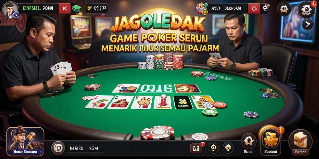 Tampilan antarmuka JAGOLEDAK yang menarik dengan gameplay Poker yang dinamis.