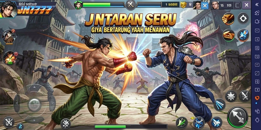 Screenshot menunjukkan karakter bertarung dalam gaya aksi yang mendebarkan.