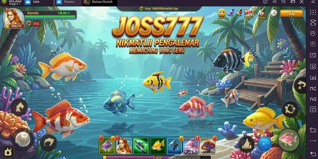 Screenshot utama JOSS777 menampilkan aksi memancing di lokasi indah.