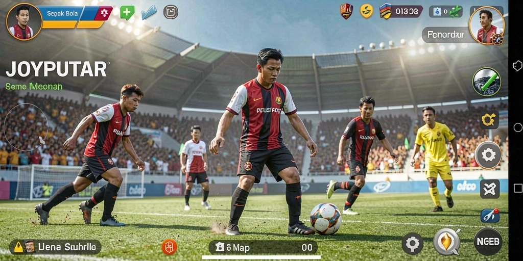 Screenshot utama gameplay JOYPUTAR menampilkan aksi sepak bola yang mendebarkan.