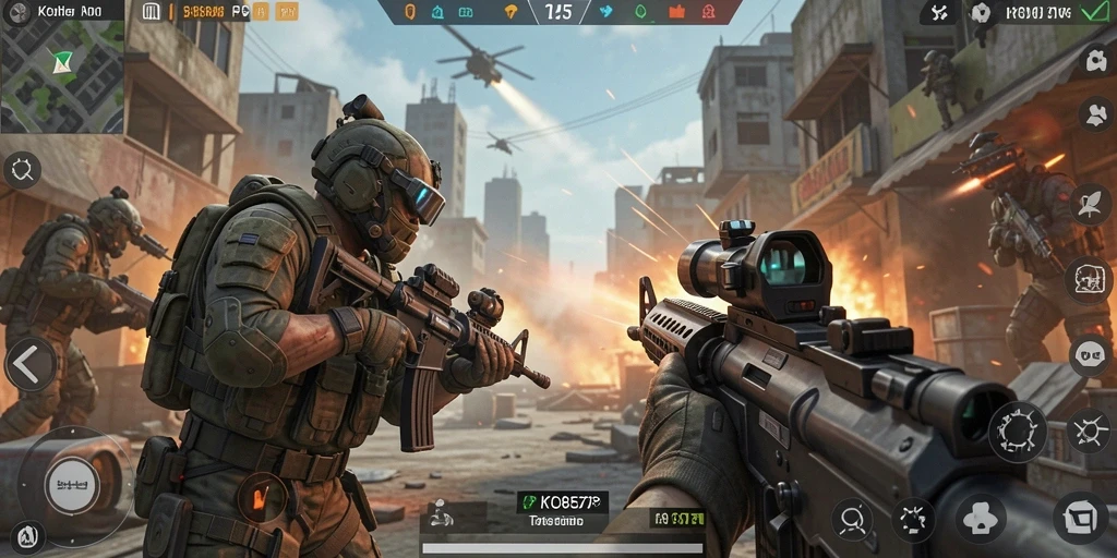 Screenshot menampilkan aksi intens dalam game FPS KO857.