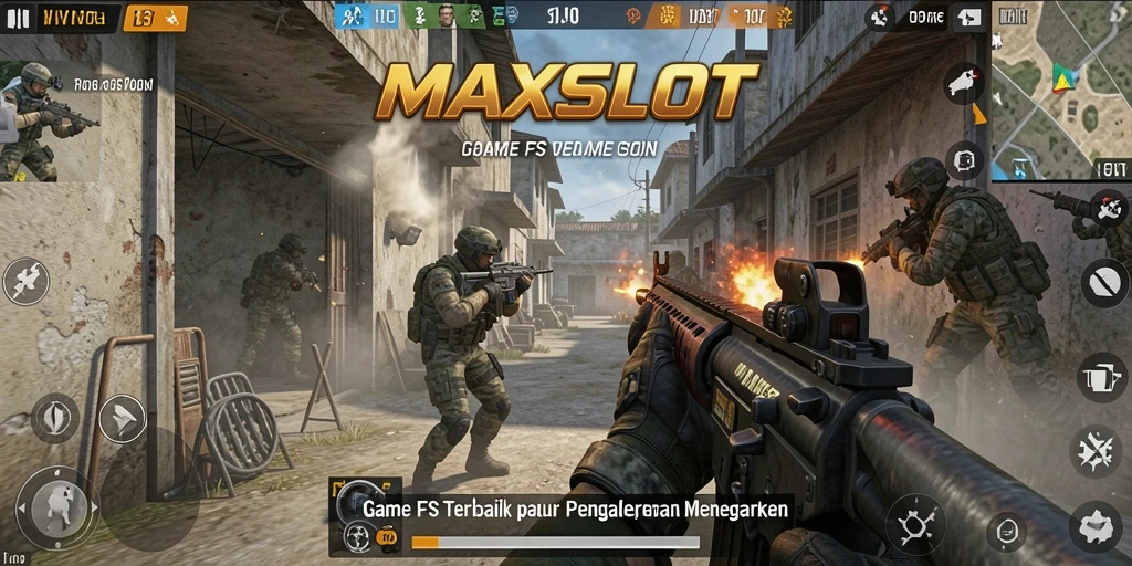 Tangkapan layar MAXSLOT menampilkan aksi pertempuran menegangkan di lapangan perang FPS.