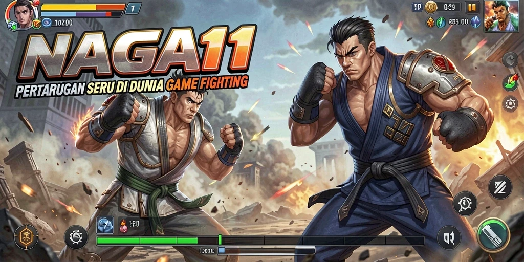 Tangkapan layar gameplay NAGA11 yang menunjukkan pertarungan menegangkan antarkerakter.