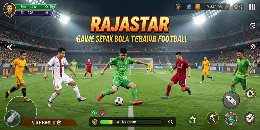 Tampilan gameplay menarik dari RAJASTAR yang menggambarkan aksi sepak bola dinamis.