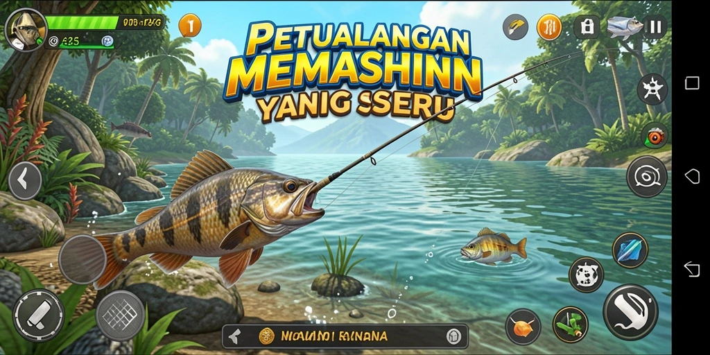 Screenshot gameplay RK55 menampilkan aktifitas seru memancing dengan berbagai alat.
