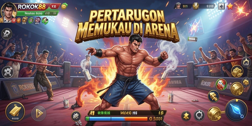 Tampilan gameplay ROKOK88 dengan petarungan seru dan karakter unik.