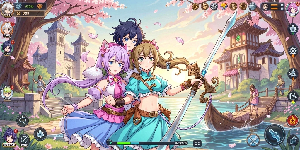 Screenshot utama RP99 menampilkan karakter anime dalam pertempuran epik.