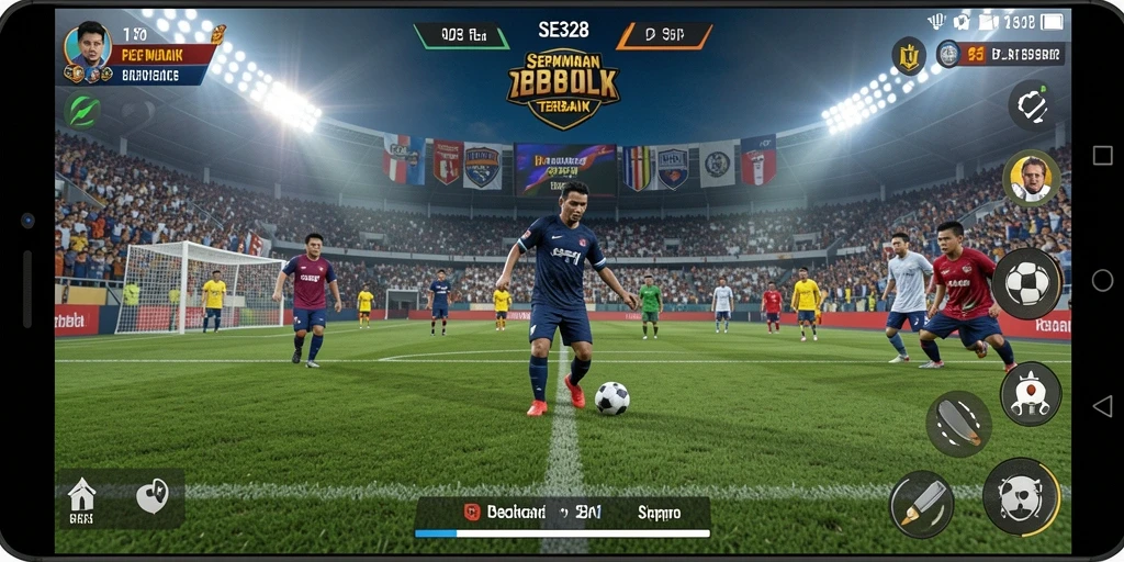 Tangkapan layar gameplay SE328 menunjukkan aksi seru di lapangan sepak bola.
