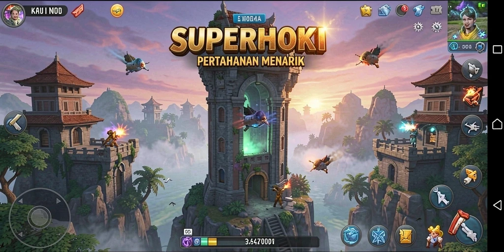 Menampilkan aksi seru dalam permainan Tower Defense di SUPERHOKI.